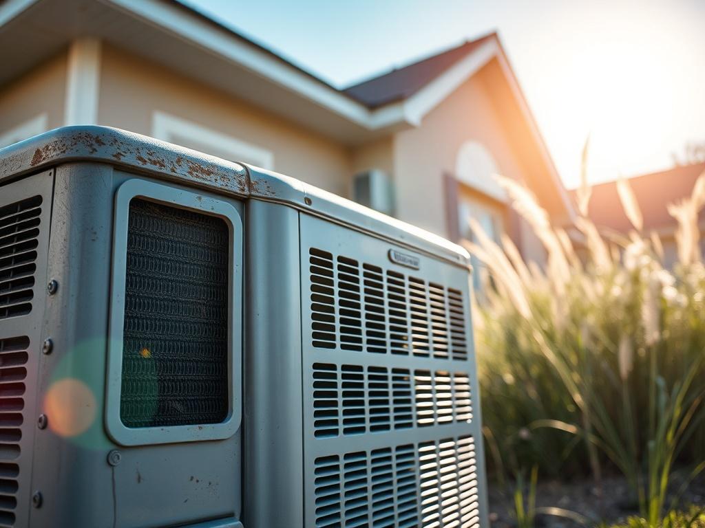 **AI Image Generation Prompt:**

Create a high-resolution photo that represents the theme of an air conditioning unit in need of repair during peak summer months in a Texas home. The composition should feature a close-up shot of a residential air conditioning unit located against the backdrop of a sunny suburban setting in Spring, Texas. The air conditioning unit appears slightly worn, emphasizing the wear and tear signaling potential issues, such as grime on the exterior and visible dust around the vents. 