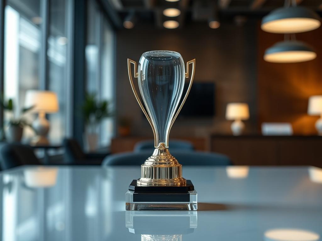 A dynamic image of a trophy or award placed on a sleek display in an office environment, symbolizing achievement and excellence in service. The background should be professional yet inviting, with subtle lighting that accentuates the award. Capture the essence of success and recognition in the HVAC industry, reflecting the pride and commitment of Expo Heating and Cooling Inc to customer satisfaction and quality service.