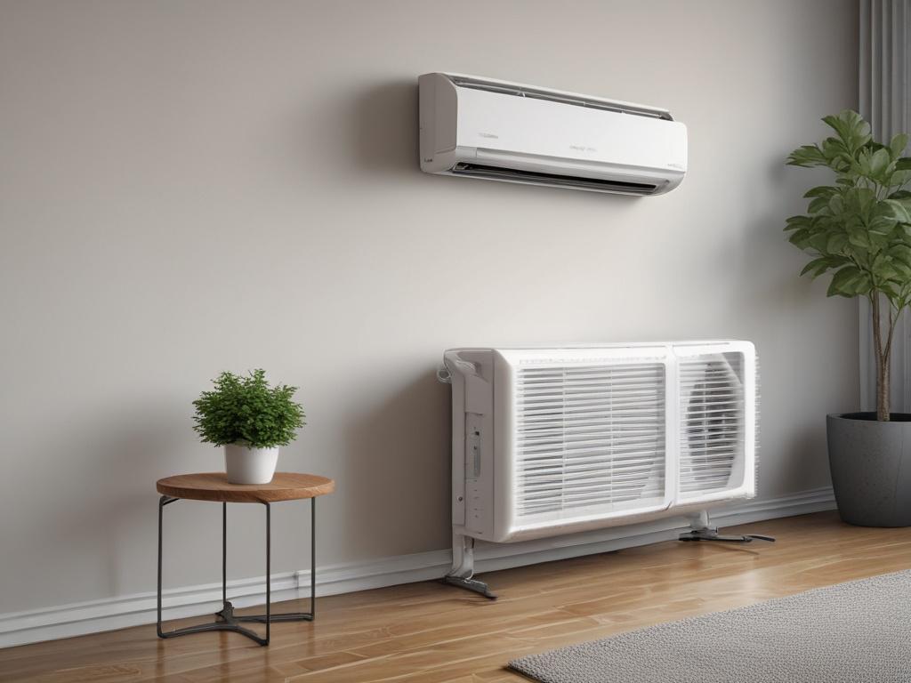 A high-resolution close-up shot of a modern, sleek high-efficiency air conditioner unit installed in a stylish living room. The focus is on the unit with a blurred background showcasing a bright, airy space with subtle decor elements. The image is captured with a 45mm f/1.2 lens style, highlighting the details and textures of the air conditioner.