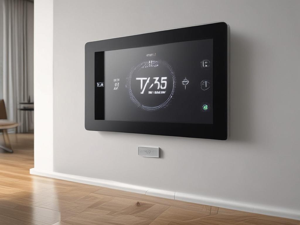 A high-resolution close-up shot of a smart thermostat mounted on a stylish wall in a modern home setting. The display shows an attractive interface with temperature controls, surrounded by soft lighting that creates a cozy ambiance. Captured with a 45mm f/1.2 lens style to focus on the thermostat's features.