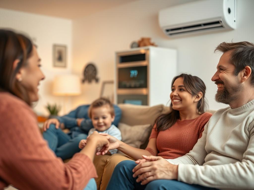 A high-resolution image of a happy family enjoying a comfortable living room, showcasing a cozy atmosphere with a well-maintained HVAC system in the background. The warmth and comfort of the home should be highlighted, with soft lighting and inviting decor. Include subtle elements that indicate the HVAC system is functioning well, such as a digital thermostat display. The scene should evoke feelings of happiness and satisfaction with affordable comfort.