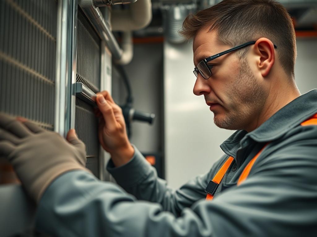 A close-up shot of a licensed HVAC technician inspecting a heating system in a well-lit mechanical room. The technician is focused and wearing professional attire, showcasing expertise. The background subtly includes HVAC equipment and tools, with a color scheme that incorporates rgb(2, 86, 197) for added branding.