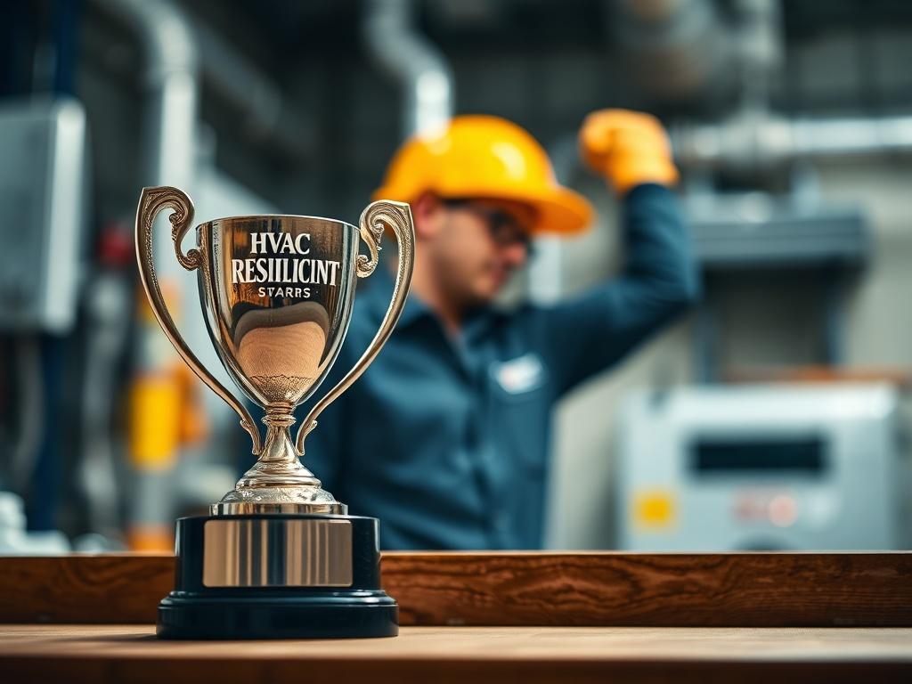 A close-up shot of a trophy or award prominently displayed on a shelf, symbolizing recognition and excellence in service. The background features a blurred image of an HVAC technician at work, emphasizing the connection between quality service and achievement. The color scheme incorporates rgb(2, 86, 197) for branding.