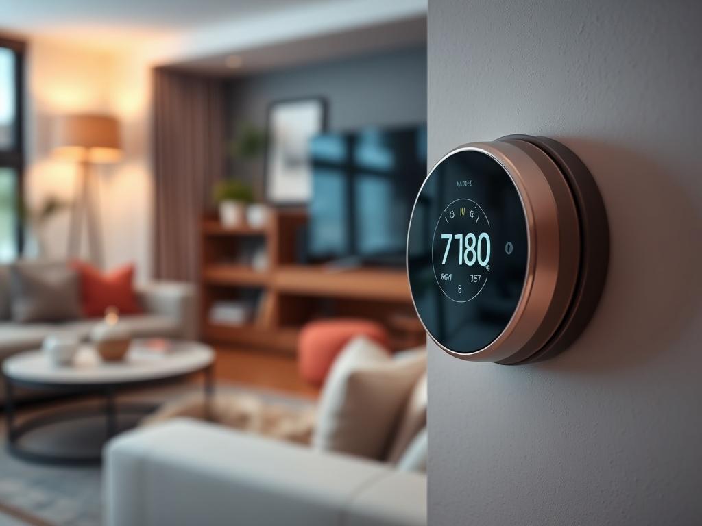 A close-up shot of a digital thermostat displaying a comfortable temperature, set in a modern living room setting with soft lighting. The focus is on the thermostat, showcasing its sleek design, while the background is slightly blurred, highlighting a cozy home environment. The color scheme incorporates the rgb(2, 86, 197) primary color subtly in decor items.