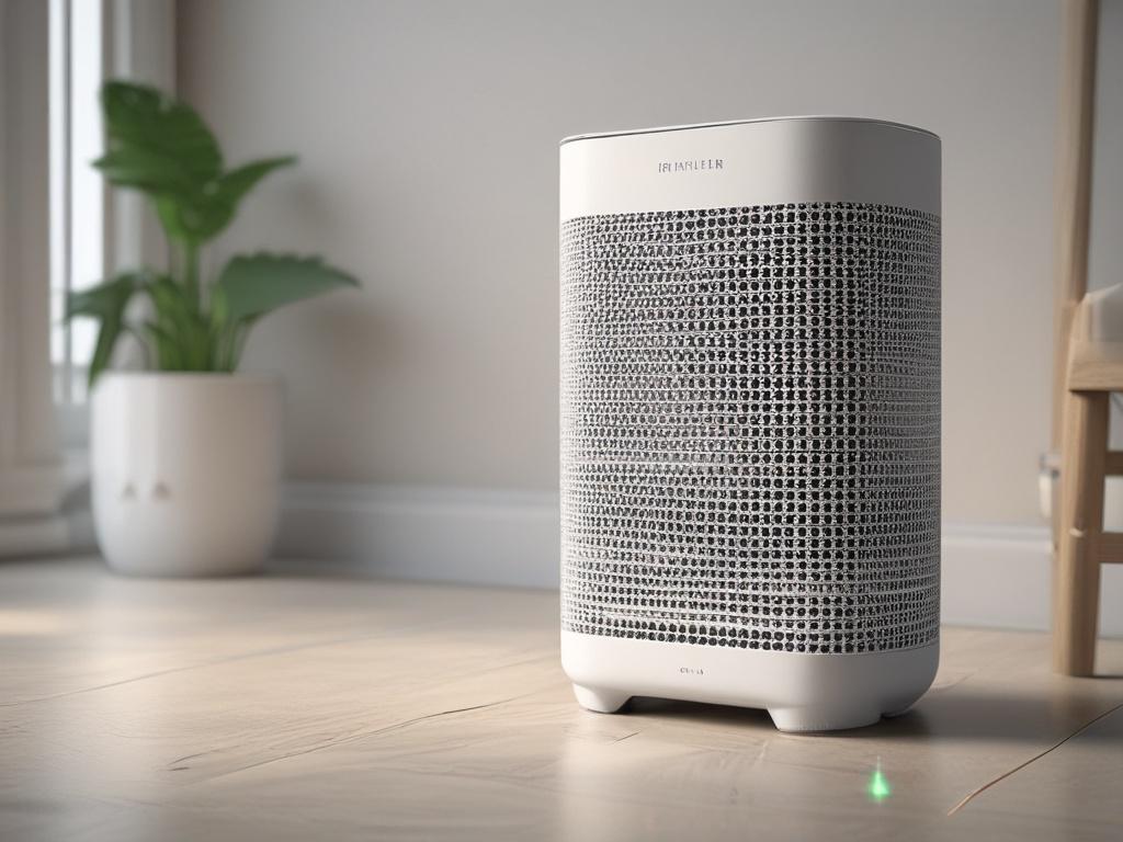 Create a hyper-realistic close-up shot of a modern air purifier in a well-lit room that highlights its sleek design and functionality. The background should be softly blurred to emphasize the air purifier as the main subject. Ensure the colors of the room are warm and inviting, enhancing the sense of clean, healthy indoor air. The image should be compatible with the RGB color code (2, 86, 197).
