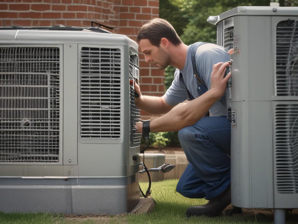 A close-up shot of a certified HVAC technician from Expo Heating & Cooling Inc. repairing an AC unit in a residential backyard in Legends Ranch. The technician is focused on the task, demonstrating expertise and professionalism. The background shows a well-maintained home with greenery, emphasizing a friendly neighborhood vibe. The image should be rendered in hyper-realistic detail, showcasing the technician's tools and the AC unit clearly, with a depth of field that highlights the technician while softly b