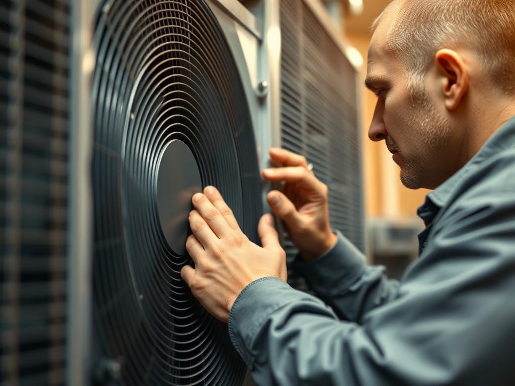 A hyper-realistic close-up shot of a technician working on an HVAC unit, showcasing their focus and expertise. The background is slightly blurred, emphasizing the technician's hands and the intricate details of the HVAC system, with a warm, inviting atmosphere. The image should convey professionalism and reliability.