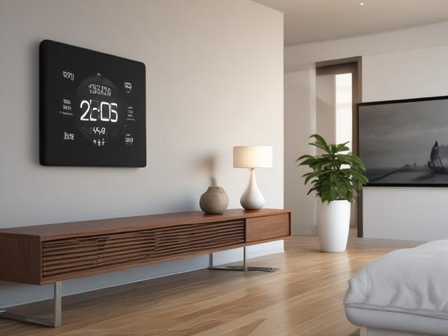 A smart thermostat mounted on a wall in a modern home interior. The image should be a close-up shot that clearly shows the sleek design and digital display of the thermostat. The background features a stylish living area, enhancing the modern aesthetic. Capture this with a 45mm f/1.2 lens to focus on the details of the thermostat.