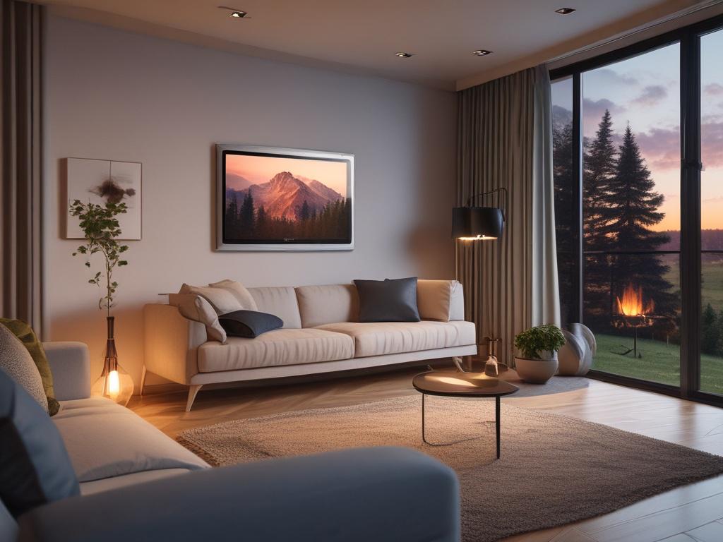 An advanced heating system installed in a cozy living room. The image should be a close-up shot focusing on the sleek heating unit, with a warm glow emanating from it. The background features a comfortable sofa and soft lighting, creating a welcoming atmosphere. The shot should be taken with a 45mm f/1.2 lens to emphasize the details of the heating unit.