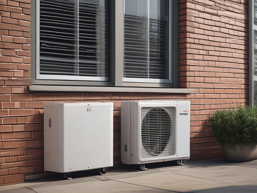 A high-efficiency air conditioner unit installed outside a modern home. The image should be a close-up shot showcasing the sleek design and advanced features of the air conditioner, set against a clear blue sky with a hint of greenery in the background. The focus is on the air conditioner, captured with a 45mm f/1.2 lens style to highlight its details.