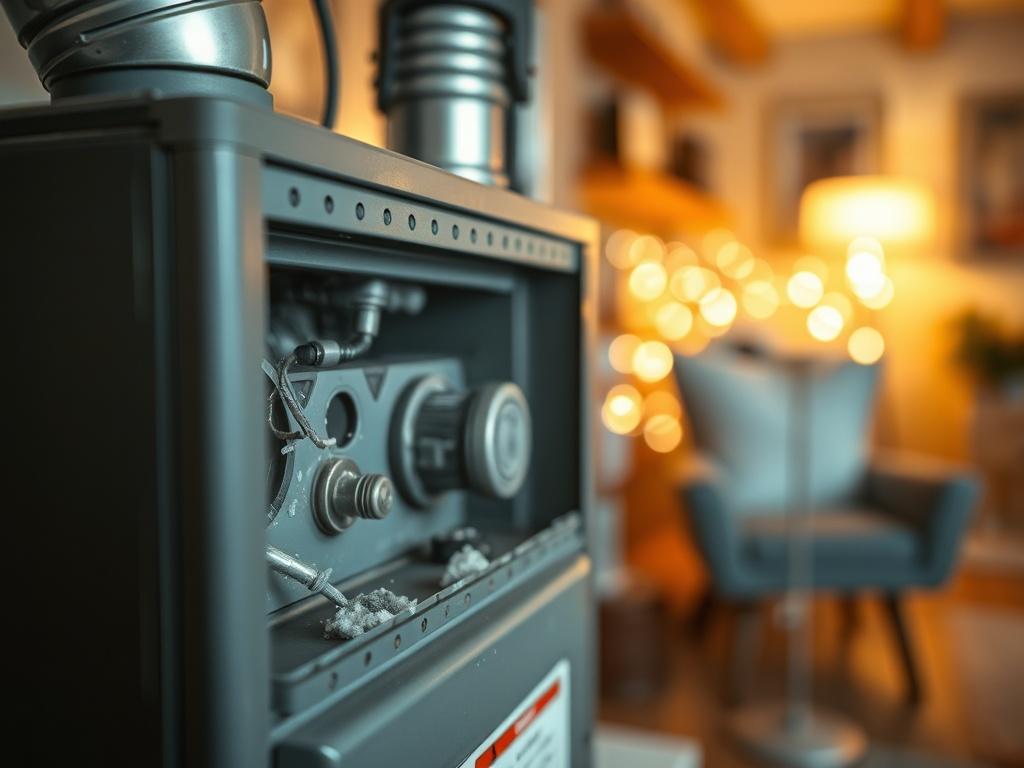 Create a realistic, high-resolution photo that captures the essence of heating systems in Texas during winter. The scene should feature a close-up of a furnace with its cover removed, showcasing the inner components, particularly the burners and flame sensor. Ensure that the elements appear clean yet demonstrate signs of dust accumulation, subtly illustrating the common problems faced by Texas homeowners.

The background should be softly blurred to emphasize the furnace in the foreground, while hinting at a