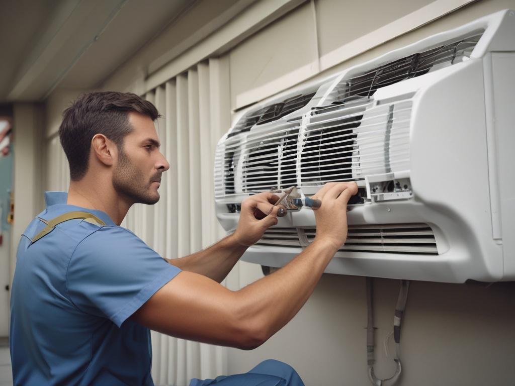 A high-resolution close-up shot of a professional HVAC technician working on an air conditioning unit in a residential setting. The technician, wearing a uniform, is focused on inspecting the unit, with tools in hand. The background shows a clean, well-maintained exterior of a home, emphasizing a warm and welcoming atmosphere. The composition should highlight the technician's expertise and the quality of service provided, with a soft-focus effect on the background to draw attention to the subject.