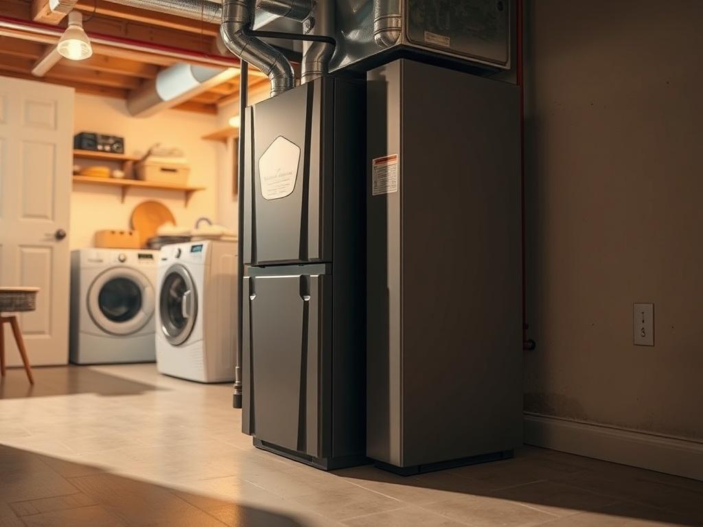 **Prompt for AI Image Generation:**

Create a realistic high-resolution photo that embodies the theme of furnace safety in Texas homes, specifically focusing on carbon monoxide protection. The composition should be simple and clear, featuring a single subject: a well-maintained natural gas furnace in a tidy, residential basement setting. The furnace should be portrayed in a three-quarter angle, showcasing its sleek design and safety features, with attention to details like safety labels or certifications on