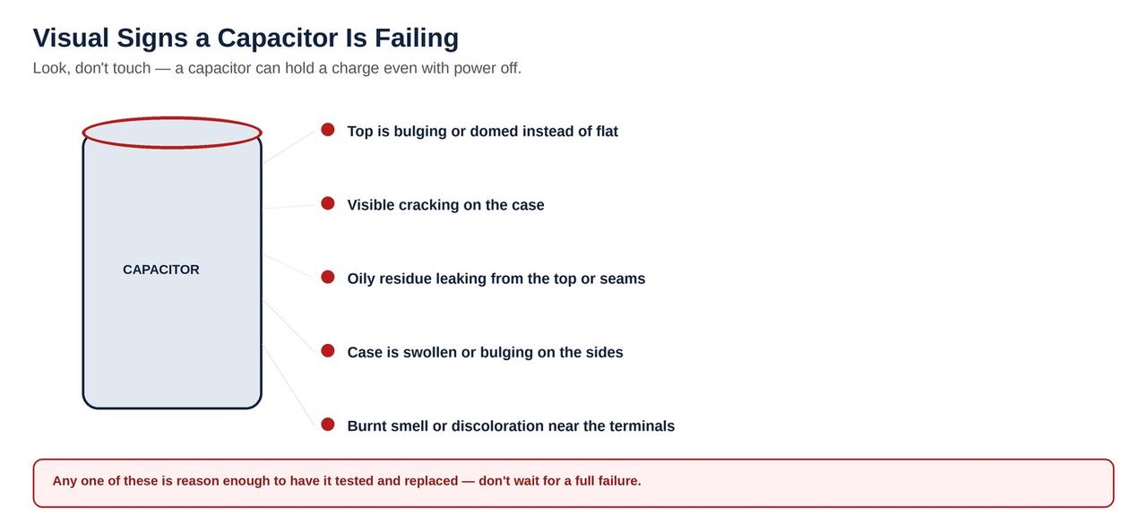 Visual signs an AC capacitor is failing: bulging top, cracking, leaking, swelling