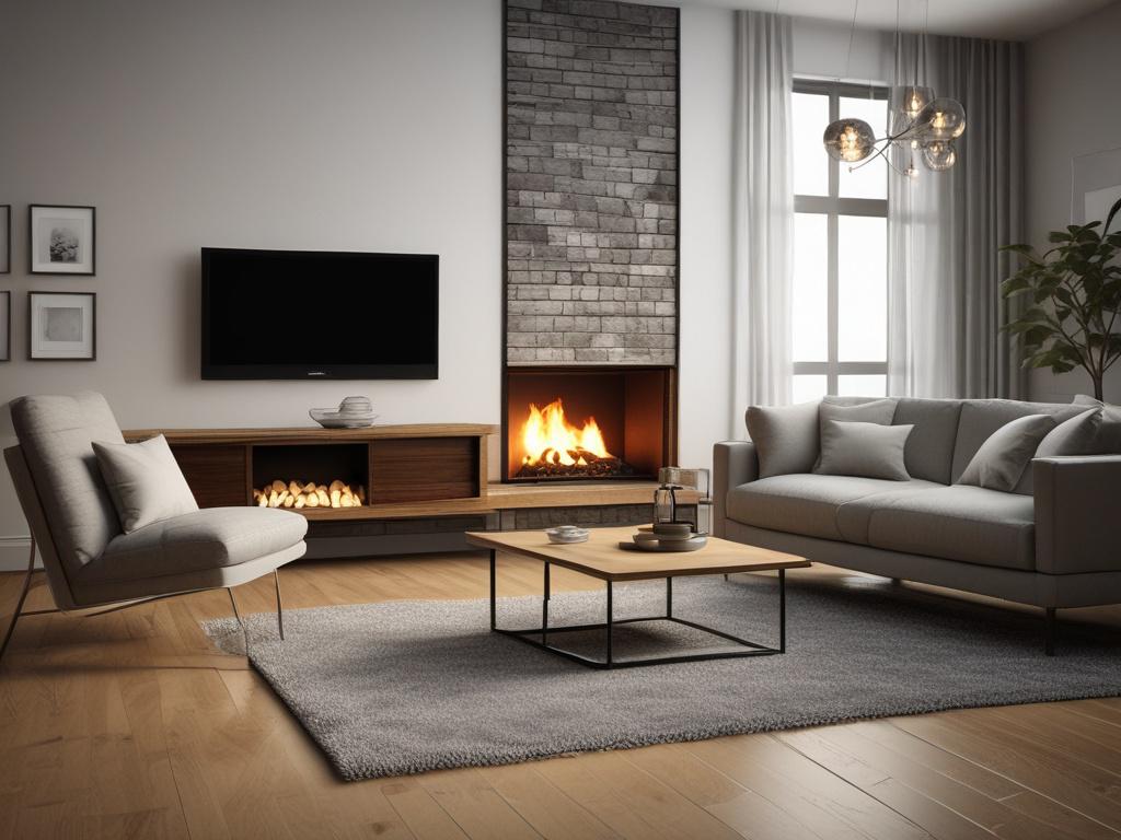 A modern energy-efficient furnace installed in a home, with a focus on its sleek design and features. The background shows a beautifully decorated living room with warm lighting, creating a cozy atmosphere. The image is captured in hyper-realistic style, emphasizing the furnace while softly blurring the surroundings.