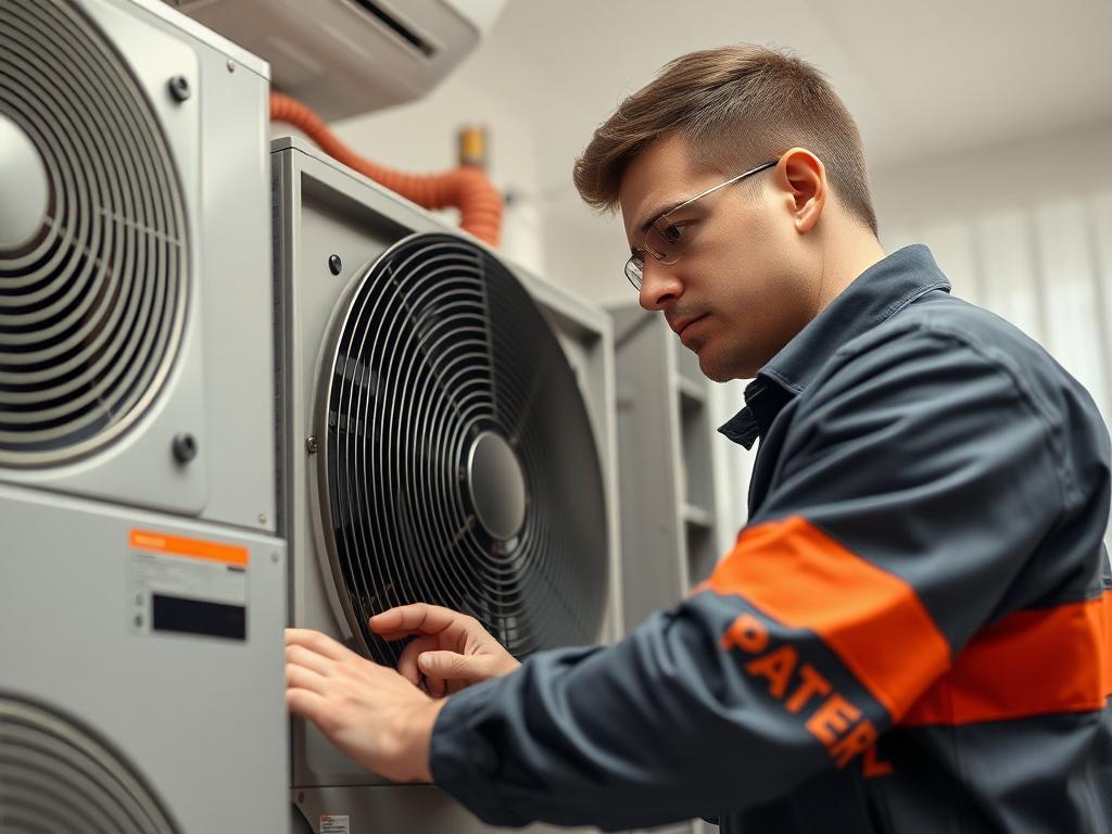 A licensed HVAC technician working on a modern heating unit. The technician is engaged and focused, demonstrating expertise. The setting is a well-lit indoor space, showcasing advanced HVAC technology. The background is clean and professional, reflecting a high standard of service. The primary color RGB(2, 86, 197) subtly integrated into the technician's uniform.