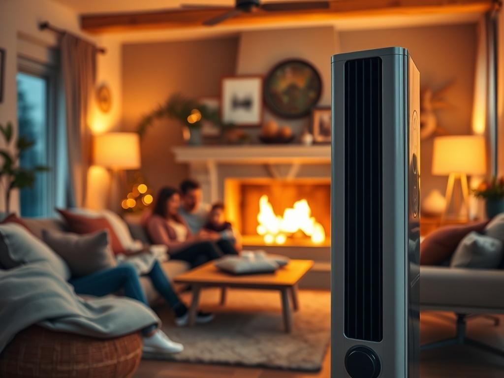 A cozy living room with a modern heating system in the background. The room is warmly lit, showing a family enjoying their time together. The focus is on the heating unit, which looks sleek and efficient. The ambiance is inviting and comfortable. The colors are warm, with a hint of the primary color RGB(2, 86, 197) subtly included in the decor.