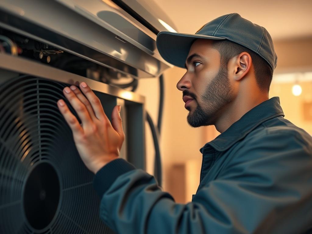 A hyper-realistic close-up shot of a skilled technician inspecting a modern HVAC system in a home setting. The technician, wearing a branded uniform, is focused on the machinery, showcasing expertise and professionalism. The background features a well-maintained home interior, with warm lighting to evoke a sense of comfort and reliability.