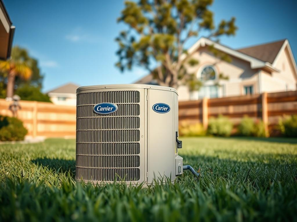 **AI Image Generation Prompt:**

Create a realistic high-resolution photo featuring a single, modern Carrier air conditioning unit prominently displayed in the foreground. The unit should showcase sleek lines and an advanced design, highlighting its compatibility with R-454B refrigerant. Set the scene in a sunny suburban backyard typical of homes in Spring, TX, with lush green grass and a clear blue sky in the background to convey a warm, inviting atmosphere. The image should focus on the air conditioning u