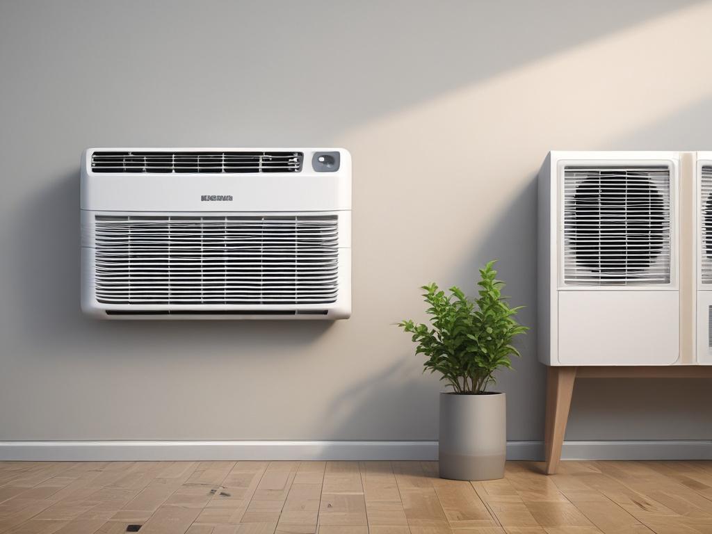 Create a realistic high-resolution image that visually conveys the theme of an air conditioning unit struggling to cool a room appropriately. The focus should be on a close-up shot of a modern, sleek air conditioning unit (the single subject) placed in a residential setting typical of Spring, TX. 
Surround the air conditioning unit with slightly blurred elements to ensure clarity on the subject. Include hints of a comfortable living room environment in the background, such as a sunny window with sheer curt
