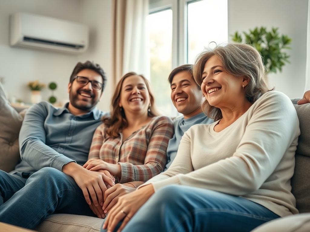 A close-up shot of a happy family relaxing in their cozy living room with visible air conditioning and heating units. The family members are smiling, showcasing comfort. The environment should feel warm and inviting, with natural light streaming in, representing affordability and satisfaction.