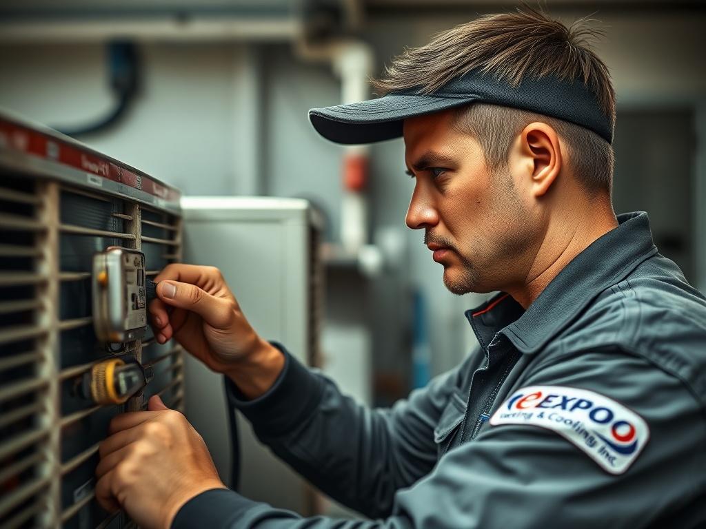 A close-up shot of a licensed HVAC technician working diligently on an air conditioning unit, showcasing tools and equipment. The technician appears focused and professional, dressed in a uniform with the Expo Heating and Cooling Inc logo. The background should be a well-organized workshop or outdoor site, emphasizing professionalism and expertise.