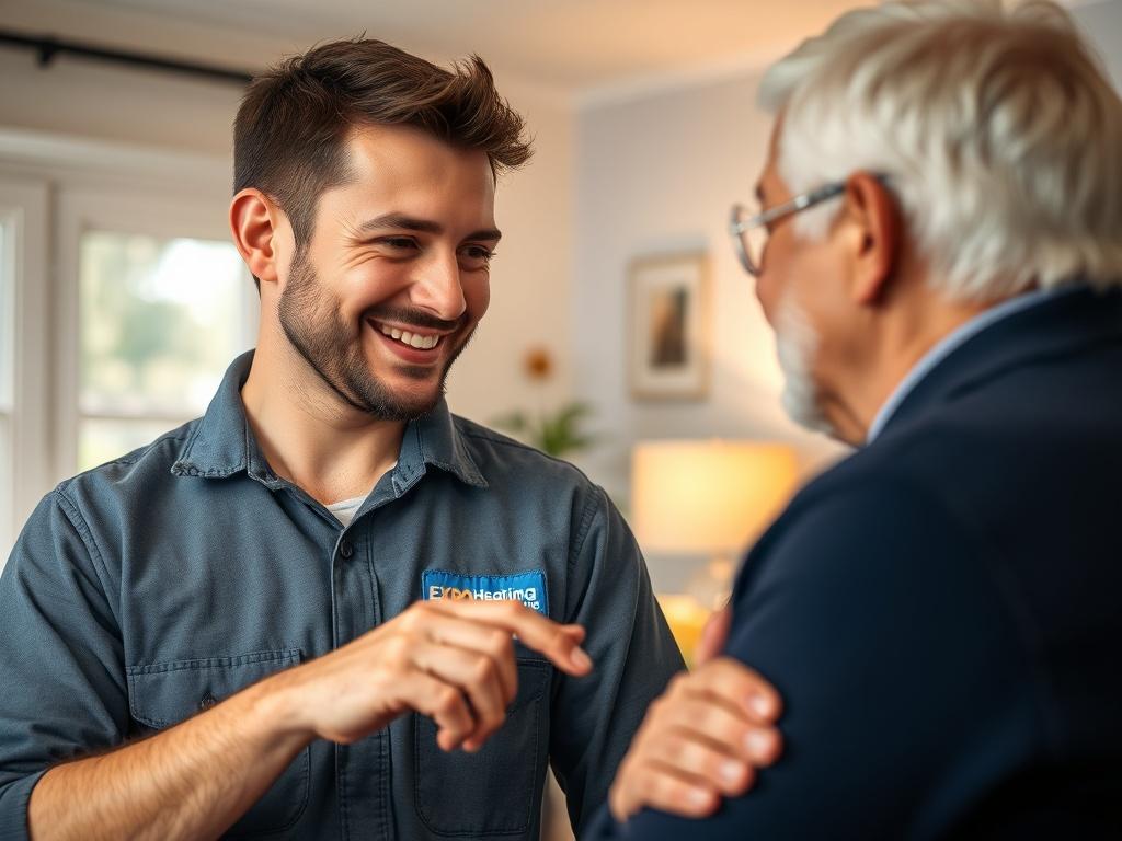 A close-up shot of a friendly HVAC technician interacting with a satisfied customer in their home. The technician is wearing a uniform with the Expo Heating and Cooling Inc logo, showcasing a warm smile while explaining something to the customer. The background should be a well-lit, comfortable living room, emphasizing a sense of home and trust.