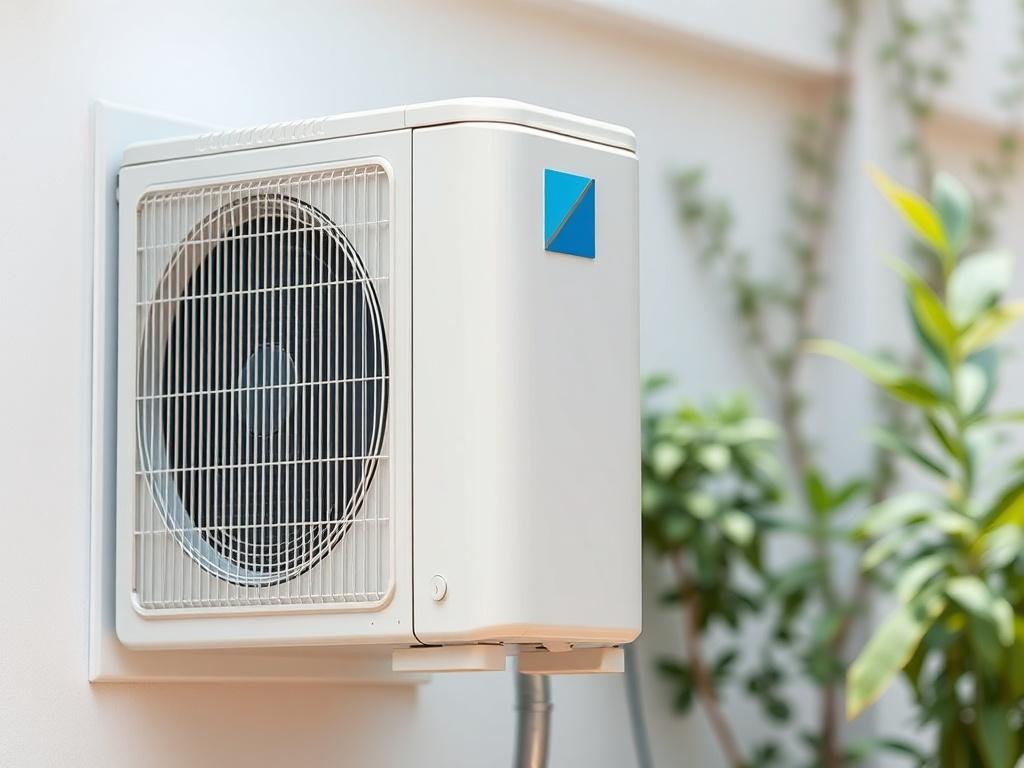 A close-up shot of a modern high-efficiency air conditioner unit, showcasing sleek design and advanced technology. The image should be taken with a 45mm f/1.2 lens to create a soft background blur. The setting is a clean, well-lit outdoor area with a hint of greenery in the background to convey freshness and efficiency. Focus on the details of the unit, emphasizing its modern features and finish, with a color palette that complements the rgb(2, 86, 197) primary color.
