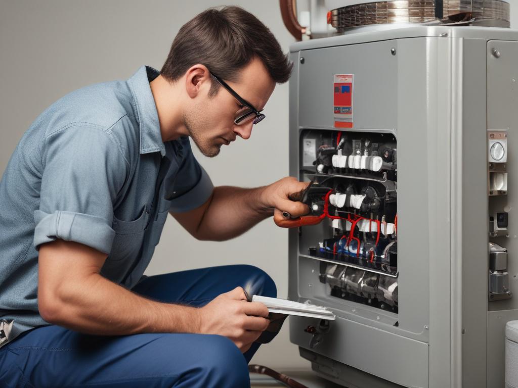 A close-up image of a technician repairing a heating unit in a residential setting. The technician is concentrated on the task, with tools in hand, showcasing professionalism. The background features a warm, inviting home environment, highlighting cozy elements like soft lighting and comfortable furnishings. The shot is hyper-realistic, taken with a 45mm f/1.2 lens, focusing on the technician and the heating unit.