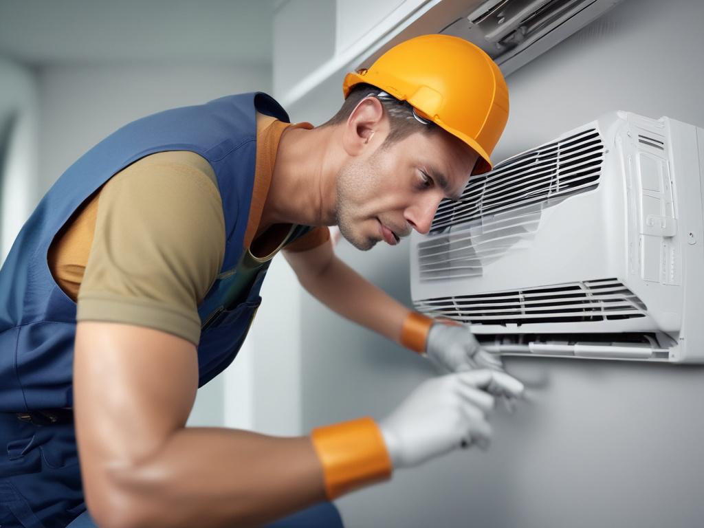 A close-up shot of a technician installing an air conditioning unit inside a modern home. The technician is wearing a uniform, focused on the installation process. The background shows a clean, well-lit interior with subtle details of a living room. The image is hyper-realistic, captured with a 45mm f/1.2 lens, emphasizing the technician and the AC unit in action.