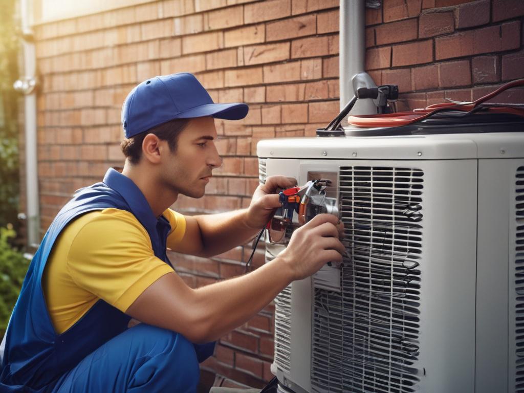 A close-up shot of a technician performing maintenance on an HVAC system outside a house. The technician is checking the unit's components with tools, showcasing attention to detail. The background includes a well-maintained garden and a clear blue sky, evoking a sense of care for home environment. The image is hyper-realistic, captured with a 45mm f/1.2 lens, focusing on the technician and the HVAC system.