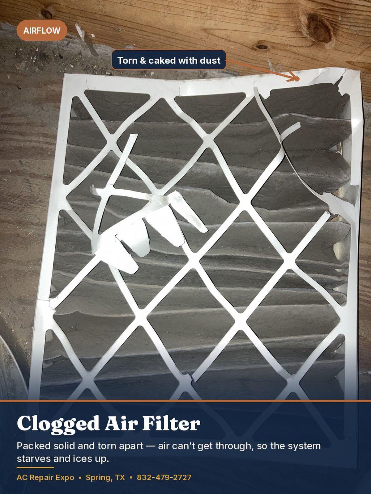 Torn and caked clogged air filter from a Spring TX AC system