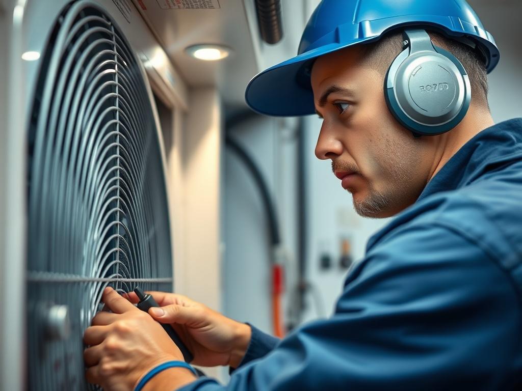 A close-up shot of a professional HVAC technician working on a heating and cooling unit, showcasing the technician's focused expression and detailed tools, with a clean and organized workspace in the background. The image should highlight the technician's expertise and the importance of proper HVAC maintenance, rendered in hyper-realistic quality with vibrant colors.