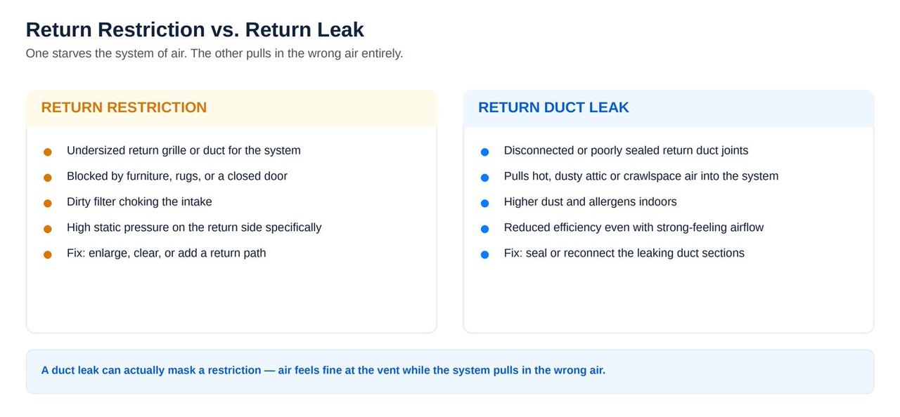 Return air restriction versus return duct leak comparison