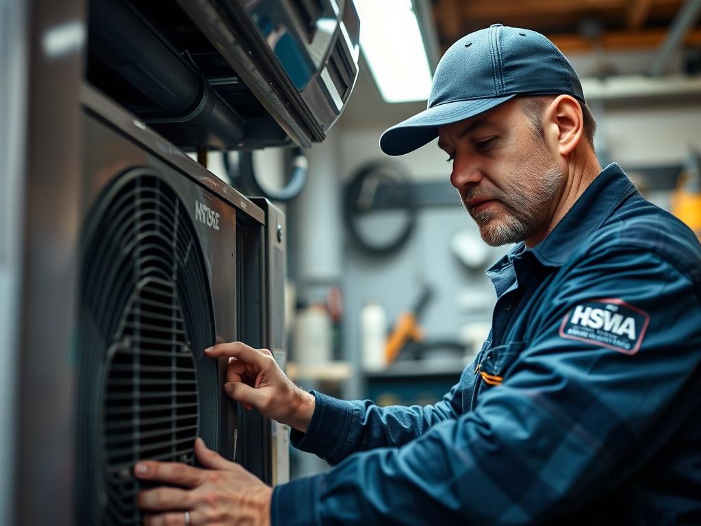 A high-resolution image of a licensed HVAC technician working on an air conditioning unit, showcasing focused expertise. The background includes tools and HVAC parts in a well-lit workshop, emphasizing professionalism and skill.