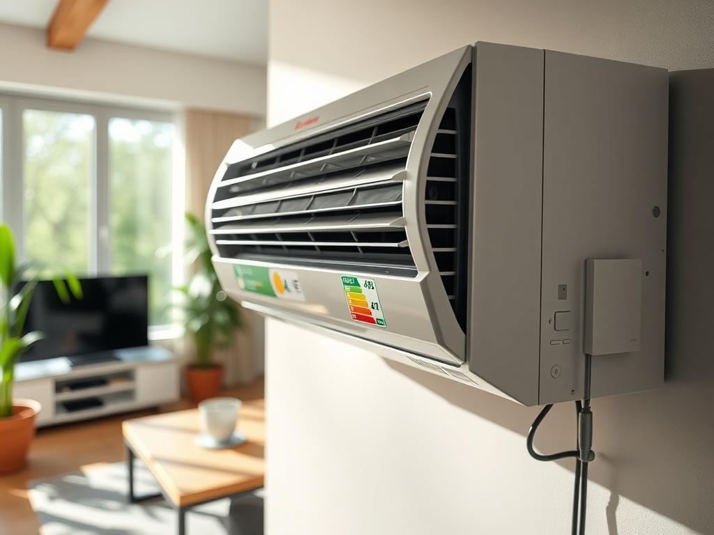A hyper-realistic close-up shot of an energy-efficient air conditioning unit installed in a modern home setting. The background should be a well-furnished living room with sunlight streaming through a window, highlighting the unit's sleek design and energy label. Shot with a 45mm f/1.2 lens.