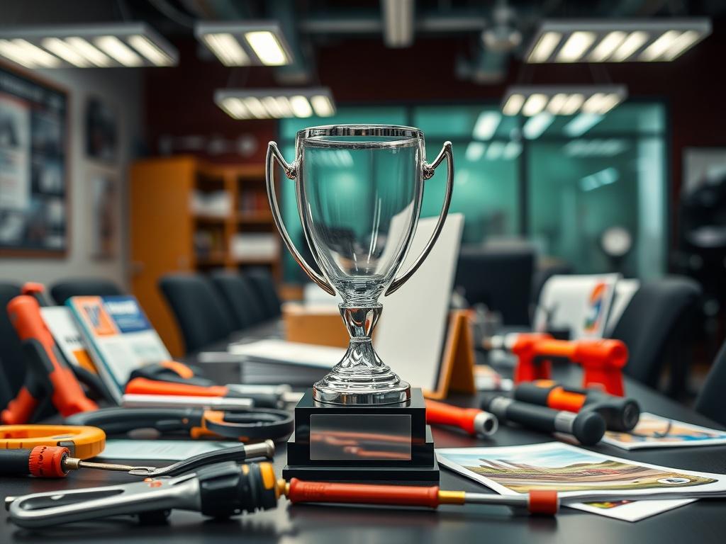 A vibrant image of a trophy or award displayed prominently on a desk, surrounded by HVAC tools and brochures. The background shows a well-lit office setting, reflecting achievement and professionalism.