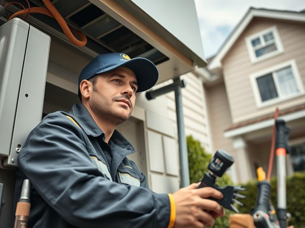 A close-up shot of a technician in uniform inspecting an HVAC unit, surrounded by tools and equipment, showcasing professionalism and attention to detail. The background features a clear sky and a well-maintained residential building, highlighting the service environment.