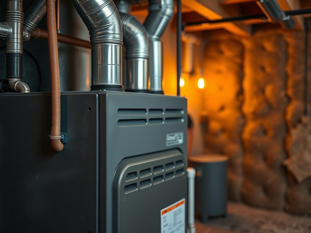 A hyper-realistic close-up shot of a high-efficiency furnace in a basement setting, with pipes and vents visible. The background should be a cozy, well-insulated space that reflects warmth. Shot with a 45mm f/1.2 lens.