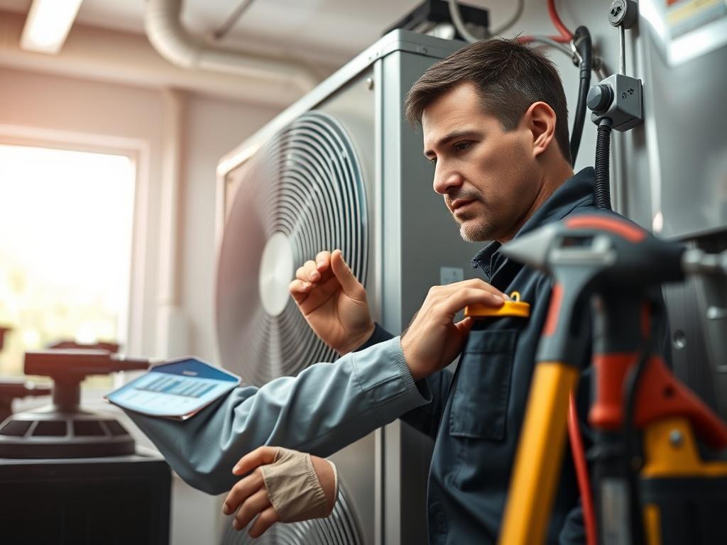 A hyper-realistic close-up shot of a technician performing maintenance on an HVAC system, with tools and equipment neatly arranged. The background should reflect a professional service environment, showcasing dedication to quality. Shot with a 45mm f/1.2 lens.