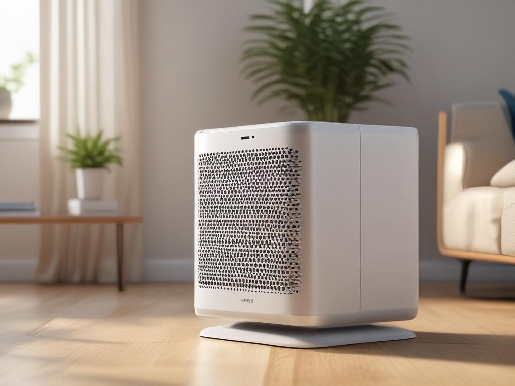 A hyper-realistic close-up shot of a modern air purifier in a stylish living room setting. The background showcases a clean and fresh atmosphere, with sunlight streaming through a window, highlighting the air purifier's sleek design. The image should be shot with a 45mm f/1.2 lens to focus on the purifier, creating a soothing and inviting ambiance.