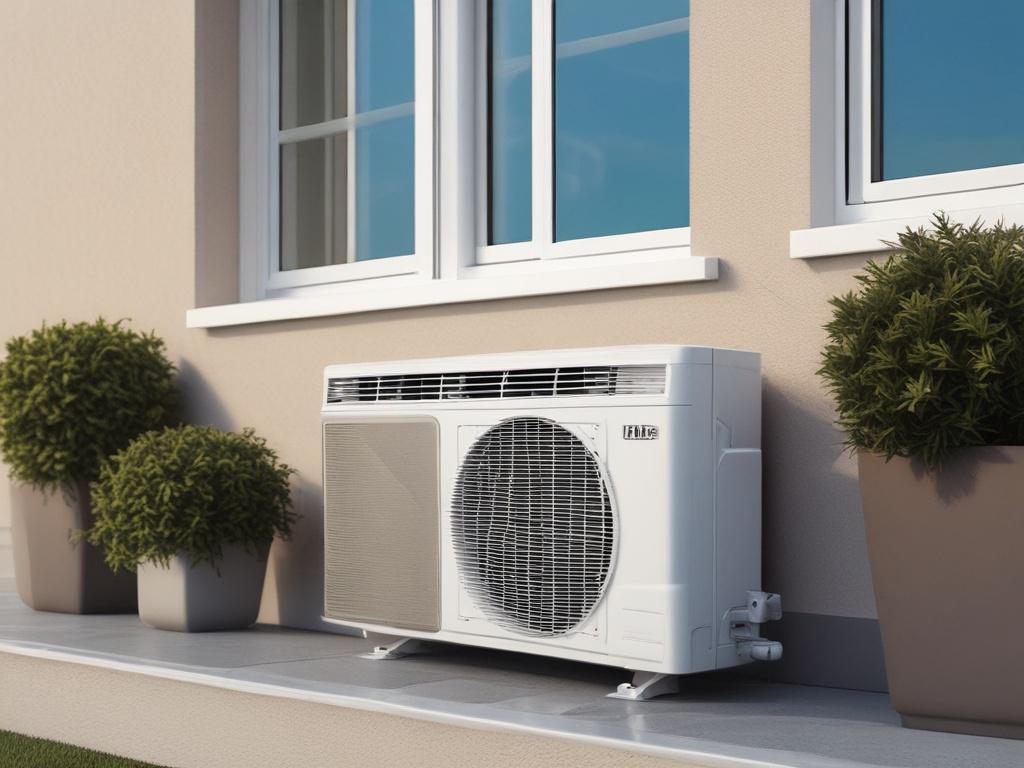 A hyper-realistic close-up shot of a modern high-efficiency air conditioner unit. The setting is a clean and contemporary home exterior with a bright blue sky in the background, showcasing the sleek design of the unit. The focus should be on the air conditioner, capturing intricate details and textures, shot with a 45mm f/1.2 lens to create a shallow depth of field that blurs the background.