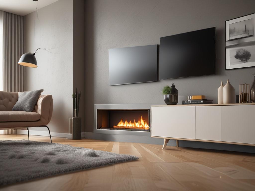 A hyper-realistic close-up shot of a modern heating system, highlighting its sleek design and efficient technology. The background features a cozy, well-decorated living room with soft lighting, emphasizing the warmth and comfort provided by the system. The image should be shot with a 45mm f/1.2 lens, focusing on the heating unit while softly blurring the inviting surroundings.