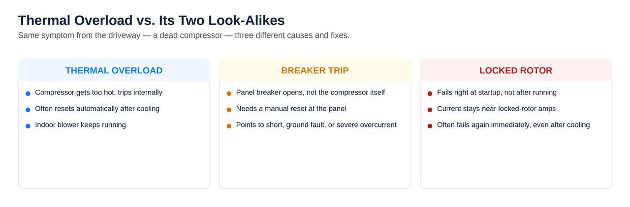 Thermal overload versus breaker trip versus locked rotor comparison