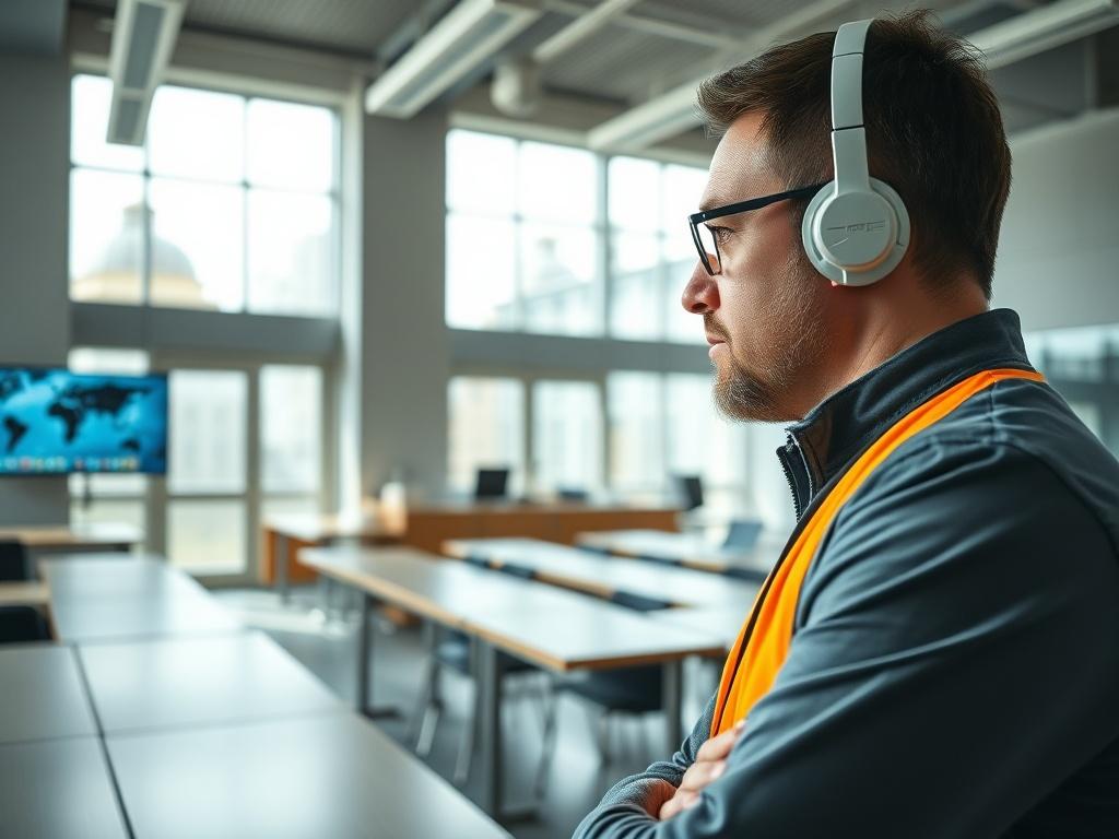 A hyper-realistic close-up image of a facility manager inspecting a modern university classroom equipped with advanced technology. The image highlights the manager's attention to detail, showcasing clean and organized spaces with natural light coming through large windows, emphasizing a well-maintained educational environment.