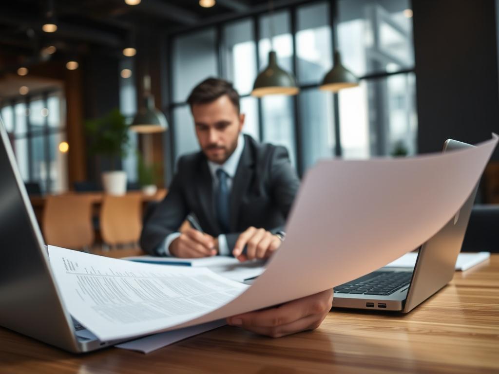 A hyper-realistic close-up image of a procurement specialist reviewing contracts and supplier proposals in a modern office space. The image captures the essence of strategic decision-making, highlighting documents, a laptop, and a sophisticated office environment.