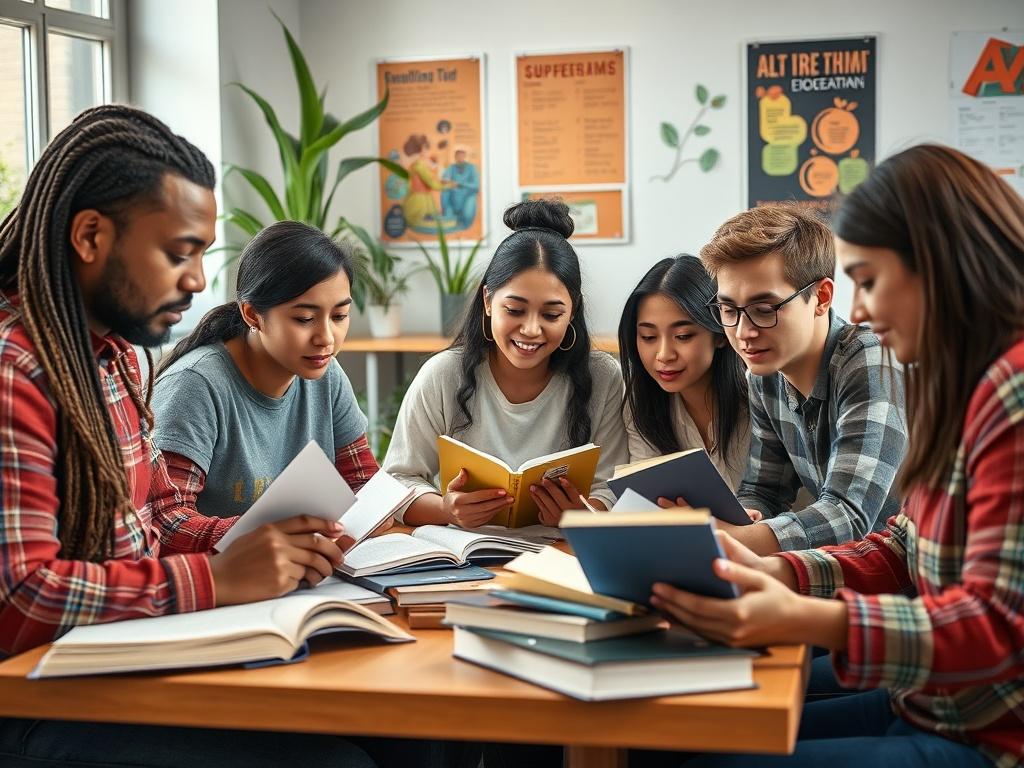 A hyper-realistic close-up image of a diverse group of university students engaged in a collaborative study session, with books and laptops around them, showcasing a modern academic environment. The background features a well-lit study area with plants and educational posters, capturing a vibrant and supportive learning atmosphere.