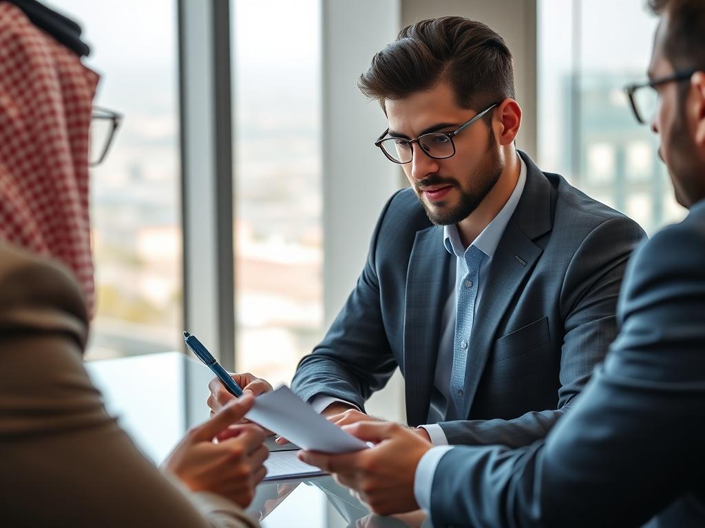 A professional, high-resolution close-up shot of a business representative engaged in a meeting with local officials in a modern office setting. The subject is a confident individual in business attire, actively taking notes and discussing documents. The background features a sleek office environment, with a hint of the Saudi landscape visible through a window. The image should evoke a sense of trust, professionalism, and effective communication, with a color palette that complements the primary color rgb(5