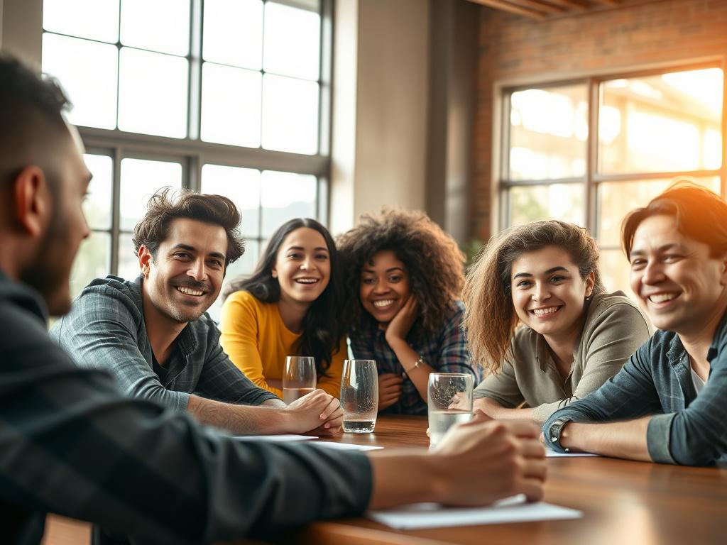 A close-up image of a diverse group of individuals engaged in a lively discussion around a table, showcasing expressions of enthusiasm and collaboration. The setting is bright and open, with natural light pouring in from large windows, creating an inviting atmosphere. The focus is on the individuals' faces, capturing their expressions of excitement and determination. The colors should be warm and inviting, complementing the rgb(69, 10, 186) color palette, emphasizing the energy of teamwork.