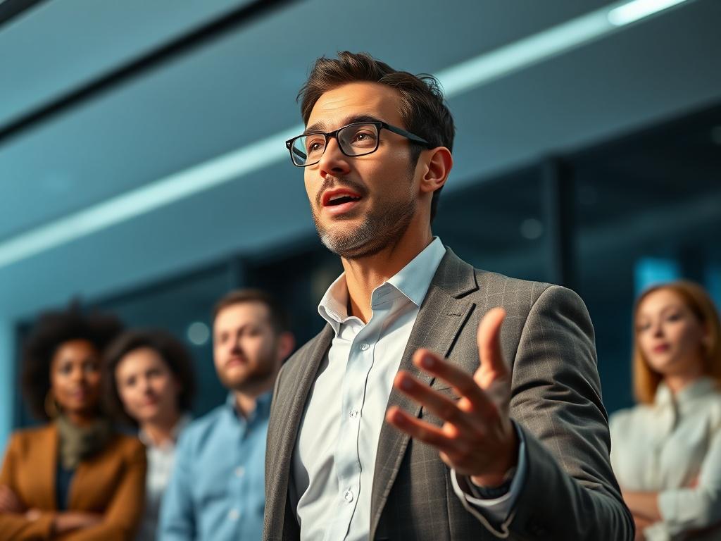 A close-up shot of a confident leader standing in front of a group, gesturing passionately while speaking. The background is a professional setting with a modern design, featuring soft lighting that highlights the leader's face. The focus is on the leader's expression of conviction and enthusiasm, capturing their dynamic presence. The colors used should convey professionalism and inspiration, harmonizing with rgb(69, 10, 186), showcasing the essence of effective leadership.